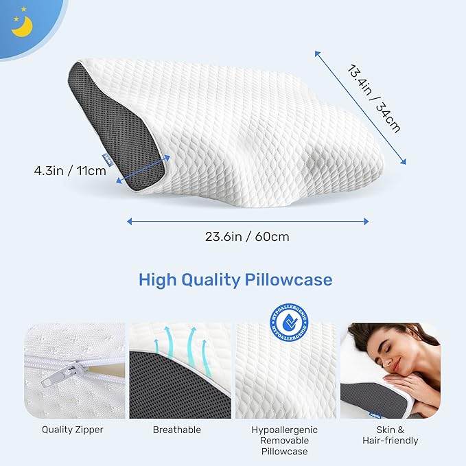 Derila King Size Neck Pillow for Sleeping, Cervical Pillow, Memory Foam Side Sleeper Pillows, Bed Contour Pillows for Back, Stomach Sleepers for Men 23.6x13.4x4.3 in