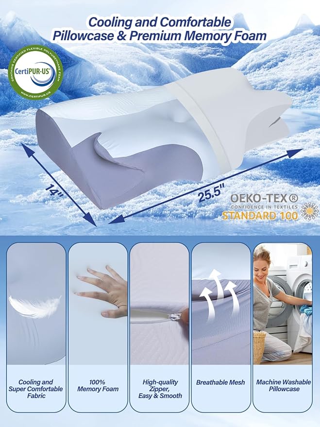 Orthopedic Neck Pillow - 2 in 1 Cooling Contoured Memory Foam Pillow, Butterfly Pillow for Side/Back/Stomach Sleepers with Removable Cover and Side Pocket (King, White & Gray)