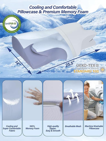 Orthopedic Neck Pillow - 2 in 1 Cooling Contoured Memory Foam Pillow, Butterfly Pillow for Side/Back/Stomach Sleepers with Removable Cover and Side Pocket (King, White & Gray)