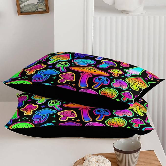 Axolotl Mushroom Kids Bedding Comforter Set King,3Pcs Colorful Gradient Mushroom Quilt Set,Cartoon Botanical Plants Bedding with 1 Comforter 2 Pillowcases for Boys Girls Teens Adults All Season