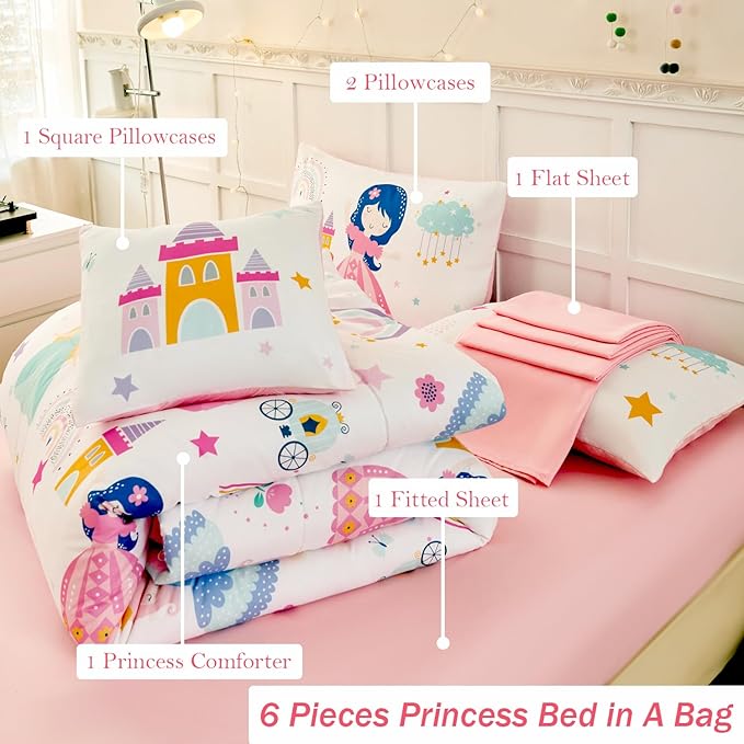 ANGIYUIN Princess Fairy Tales Twin Size Comforter Set for Girls Cartoon Rainbow Love Kids Bed in A Bag with Sheets Cute and Soft Bedding Set for All Season(Princess, Rainbow, Castel, White)