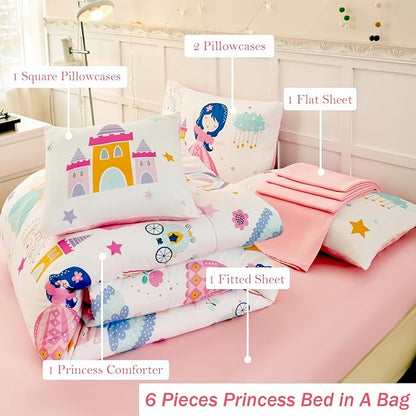 ANGIYUIN Princess Fairy Tales Twin Size Comforter Set for Girls Cartoon Rainbow Love Kids Bed in A Bag with Sheets Cute and Soft Bedding Set for All Season(Princess, Rainbow, Castel, White)
