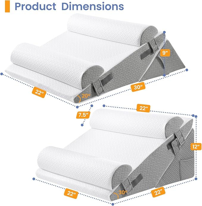Sasttie Wedge Pillow Set for After Surgery, 3PCS Adjustable Bed Wedge Pillow Headboard with Memory Foam Neck Cushion – for Acid Reflux, Sleeping, Neck & Back Support, Dark Grey & White