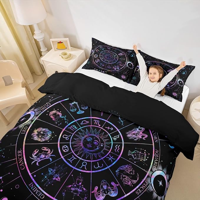 Sun and Moon Duvet Cover Set Twin Size,Starry Galaxy Zodiac Constellation Bedding Set 2Pcs for Kids Boys Girls Room Decor,Neon Blue Purple Comforter Cover Hippie Boho Quilt Cover,1 Pillowcase
