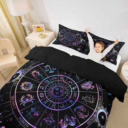 Sun and Moon Duvet Cover Set Twin Size,Starry Galaxy Zodiac Constellation Bedding Set 2Pcs for Kids Boys Girls Room Decor,Neon Blue Purple Comforter Cover Hippie Boho Quilt Cover,1 Pillowcase