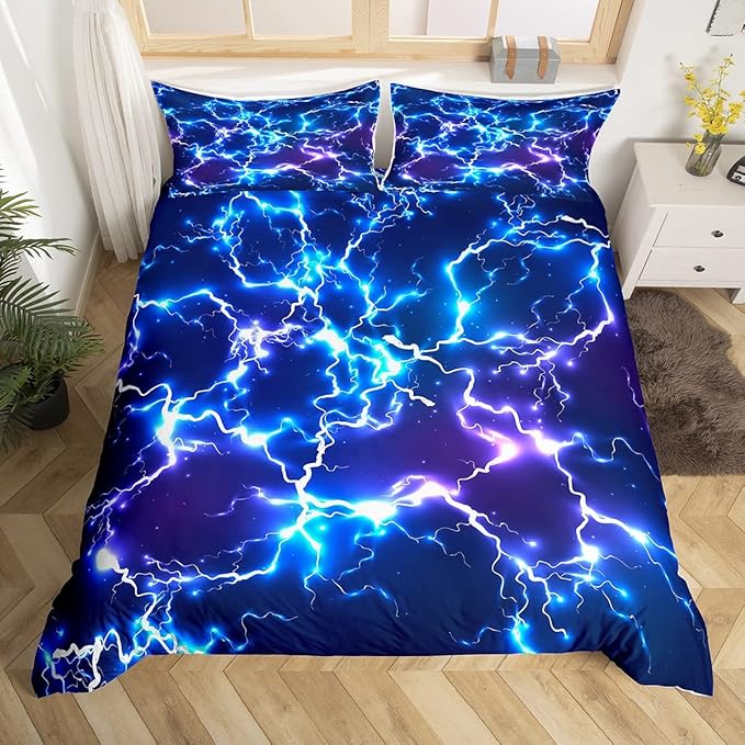 3D Game Flash Duvet Cover Full,Neon Blue Lightning Strike Bedding Set 3pcs for Kids Boys Teens Gamer Room Decor,Fashion Shiny Comforter Cover Modern Gaming Cool Quilt Cover with 2 Pillowcases
