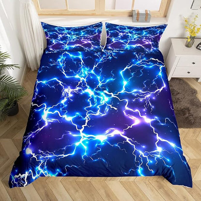 Game Flash Duvet Cover Queen,Neon Blue Lightning Strike Bedding Set 3pcs for Kids Boys Teens Gamer Room Decor,Fashion 3D Shiny Comforter Cover Modern Gaming Cool Quilt Cover with 2 Pillowcases