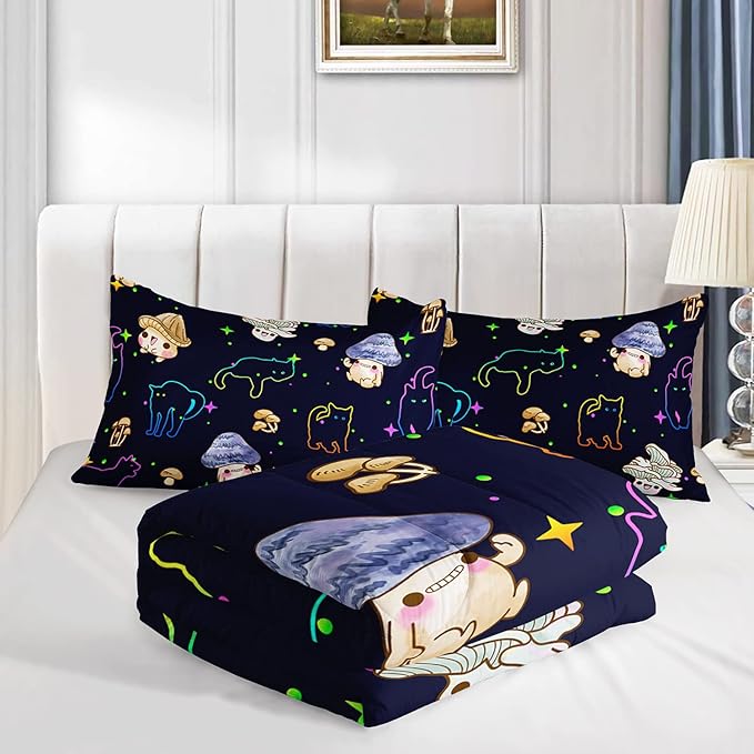 Mushroom Kawaii Cat Comforter Set Twin Size Kids Mushroom Bedding Set Star Theme Quilt Bed Set for Boys Girls Adults with 1 Comforter and 2 Pillowcases