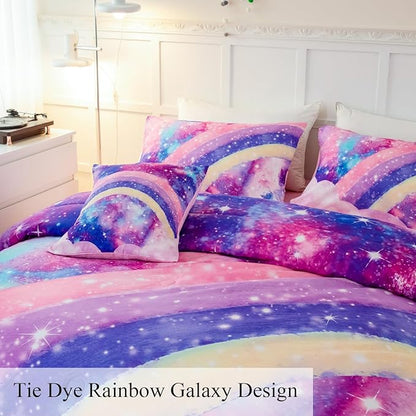 ANGIYUIN 6 Pcs Tie Dye Pink Twin Comforter Set for Girls Rainbow Galaxy Gradient Bed in A Bag Pastle Nebula Kids Bedding Set with Sheets, Comforter and Pillowcases for All Season