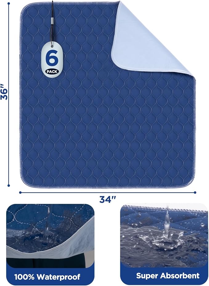Hide Stains Bed Pads Washable Waterproof for Incontinence, 4-Layer Absorbency Pee Pads, Washable Underpad, Bed Wetting Pad for Elderly, Adults, Pets, 34"x36"-6 Pack, Navy Blue