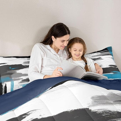 Feelyou Abstract Comforter Modern Abstract Art Comforter Set for Boys Girls Children White Grey Blue Pattern Bedding Set Room Decor Full Size Duvet Set 3Pcs