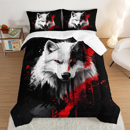 Black and White Wolf Comforter Set King Size,Wild Animal Themed Bedding Sets for Kids Boys Girls Teens Room Decor,Western Comforter Set with 2 Pillowcases.
