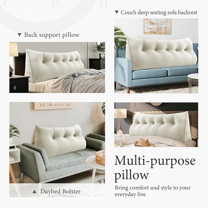 10 lbs Thickened Full Headboard Pillow for Sitting Up in Bed, Back Support Reading Pillow with Side Pocket and Velvet Removable Cover, Triangular Large Wedge Headboard Pillow