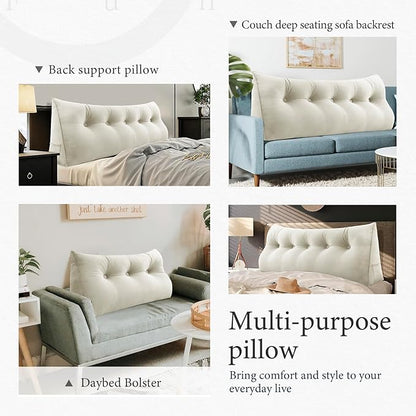 10 lbs Thickened Full Headboard Pillow for Sitting Up in Bed, Back Support Reading Pillow with Side Pocket and Velvet Removable Cover, Triangular Large Wedge Headboard Pillow