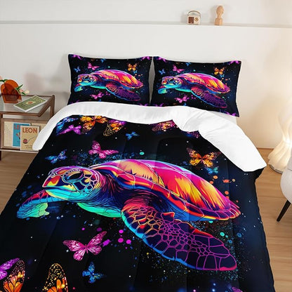 Colorful Sea Turtle Bedding Comforter Set, Twin Size, Butterflies Print, Fantasy Sea World Bedding, Beach Themed Comforter Set with 2 Pillowcases