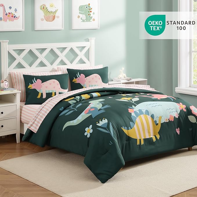 Queen Comforter Sets for Girls, Dinosaur Kids Bedding Set with Cute Floral, All Season Boys Teen Bed in a Bag 7 Pieces with Sheets, Pillowcases & Shams