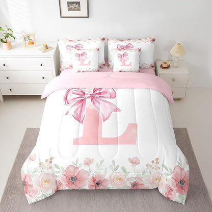 Pink Monogram L Bedding Sets, Cute Bow Tie Bowknot Bed in A Bag Twin Size for Girls Kids Teens Bedroom Decor Floral Rose Fresh Style Comforter Set with Sheets, 2 Pillowcases, 2 Throw Pillow Covers