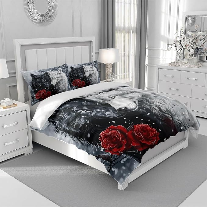 Kids Teens Bedding Cover Set Full Size 3 Pieces Soft Cozy Comforter Cover Set Vibrant Black and White Colors Wolf Print Red Rose Design Microfiber Duvet Cover Set,Full