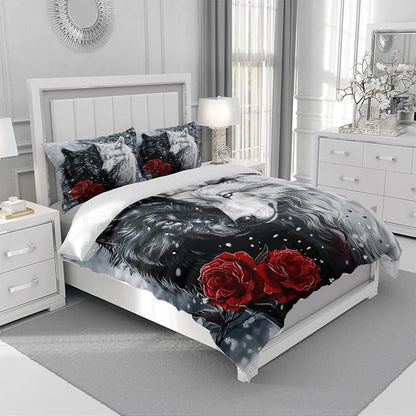 Kids Teens Bedding Cover Set Full Size 3 Pieces Soft Cozy Comforter Cover Set Vibrant Black and White Colors Wolf Print Red Rose Design Microfiber Duvet Cover Set,Full