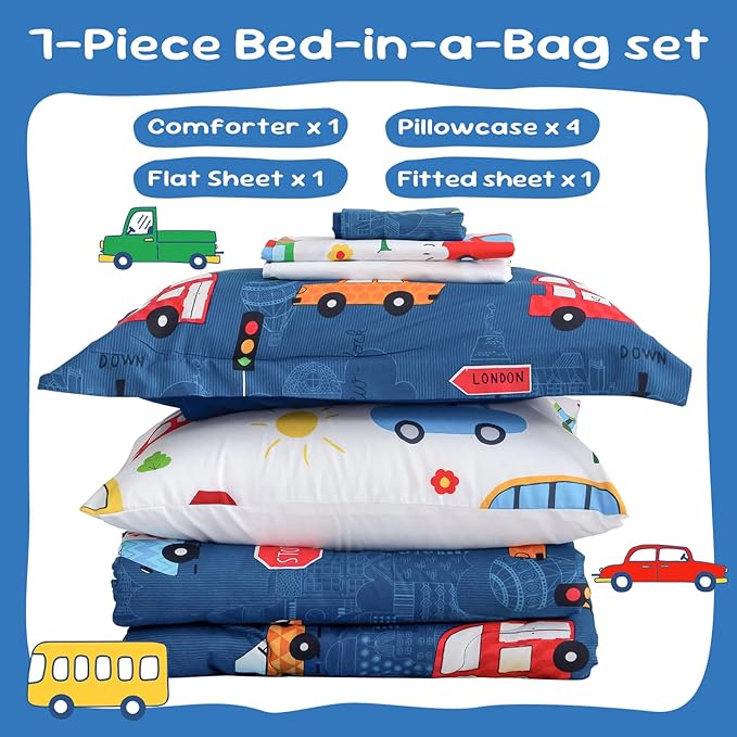 Wajade Cartoon Cars Comforter Set Bed in A Bag Queen Size Colorful Cars Bus Van Traffic Lights Bedding Set for Boys Kids (1 Comforter, 1 Flat Sheet, 1 Fitted Sheet, 2 Pillowcase and 2 Pillow Sham)