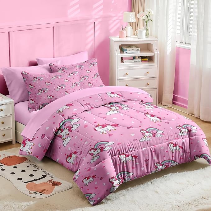 Nesker 5 Pcs Comforter Set Twin Size, Cute Pink Unicorn Bedding for Kids Teen, Cartoon Rainbow Bed Sheet with Pillowcase & Sham