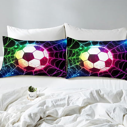 Castle Fairy Watercolor Football Bedding Set King Size,Neon Light Web Duvet Cover,Twinkling Dots Galaxy 3 Pieces Decorative Bedding,Ball Gaming Comforter Cover for Boys Men Bedroom