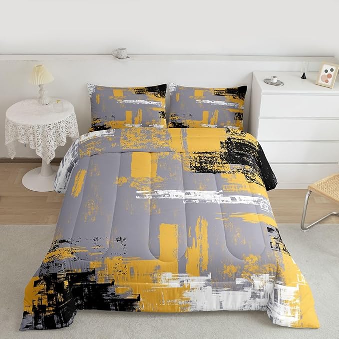 Feelyou Abstract Bedding Set Kids Modern Abstract Art Comforter Set Yellow Grey Black Comforter for Boys Room Decor Lightweight Retro Duvet Set Twin Size with 1 Pillow Case