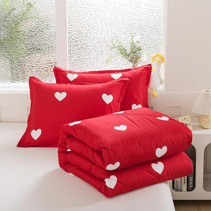 Caressma Love Queen Comforter Set - Romantic White Heart Print Red Bedding Comforter 3 Pieces Matching Pillowshams