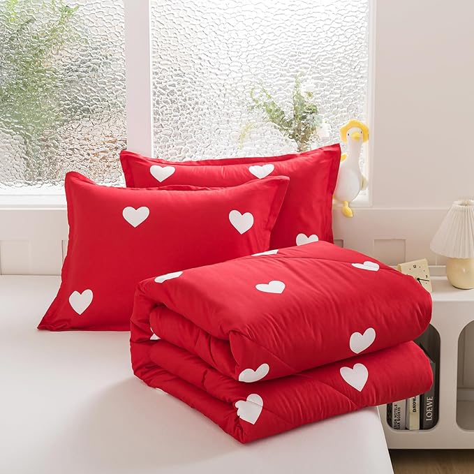 Caressma Love Comforter Set King Size - Cute White Heart Print Red Bedding Comforter 3 Pieces Matching Pillowshams