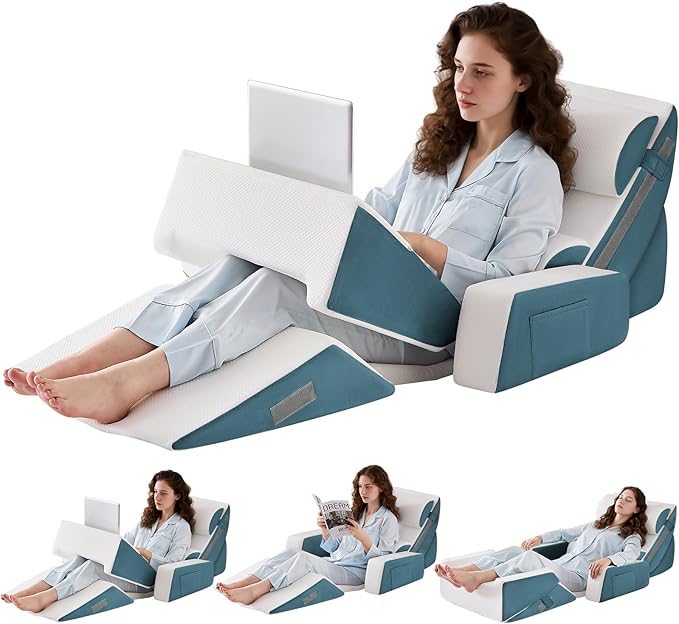 9PCS Wedge Pillow Set for After Surgery Recovery, Adjustable Memory Foam Neck Pillow, Foam Leg Pillow, Relieves Neck, Leg Pain, Sleep Apnea, and Functions as a Reading Pillow Blue