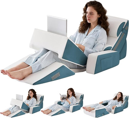 9PCS Wedge Pillow Set for After Surgery Recovery, Adjustable Memory Foam Neck Pillow, Foam Leg Pillow, Relieves Neck, Leg Pain, Sleep Apnea, and Functions as a Reading Pillow Blue