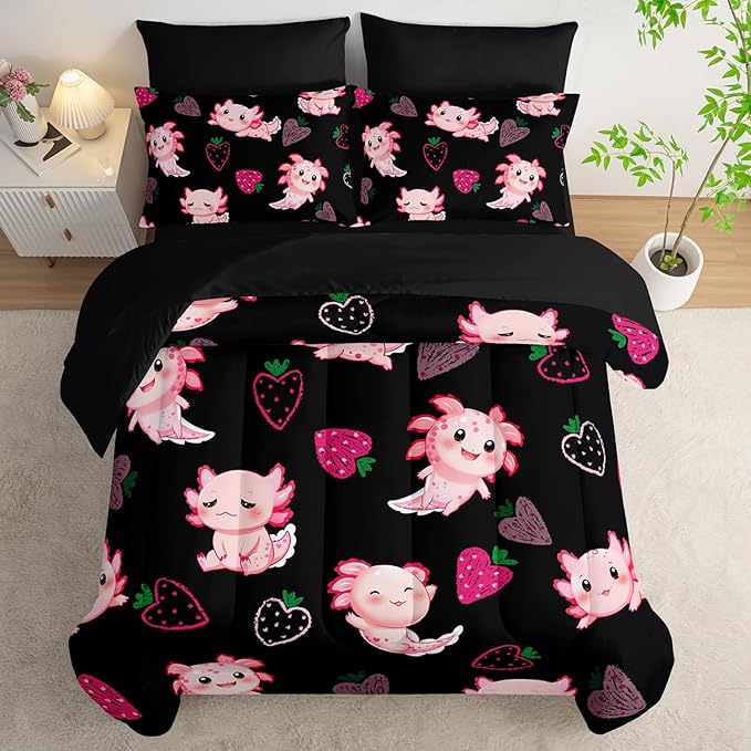 Cute Axolotl Comforter Set,Bed in a Bag Twin Size 7 Pieces,Marine Life Themed Bed Set for Kids Girls Toddler,7Pcs Bedding Set with Comforter,Fitted Sheet,Flat Sheet,Pillowcases.