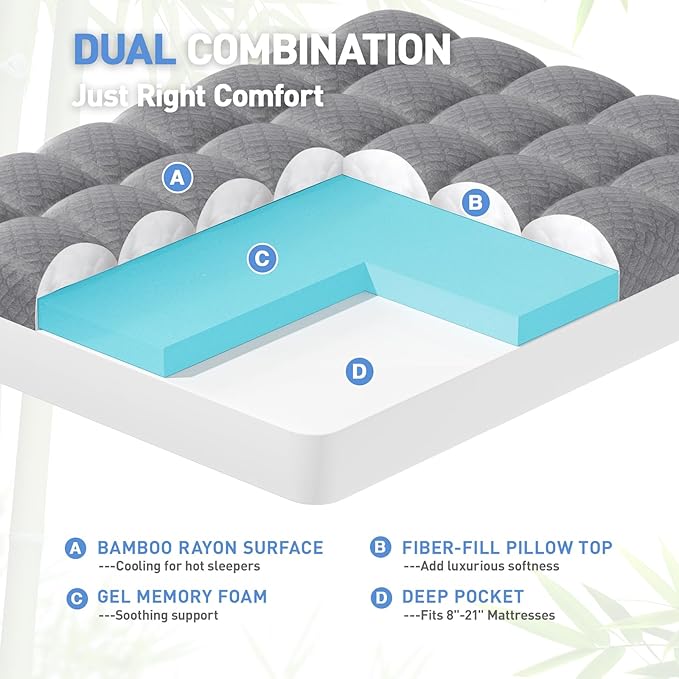 Dual Layer 3 Inch Memory Foam Mattress Topper Twin Size, 2 Inch Cooling Gel Memory Foam Plus 1 Inch Pillow Top Mattress Pad Cover, with 8-21 Inch Deep Pocket Grey