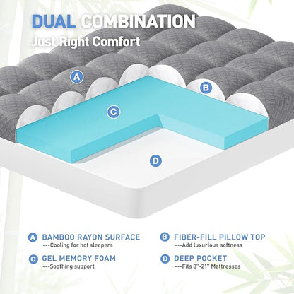 Dual Layer 3 Inch Memory Foam Mattress Topper Twin Size, 2 Inch Cooling Gel Memory Foam Plus 1 Inch Pillow Top Mattress Pad Cover, with 8-21 Inch Deep Pocket Grey