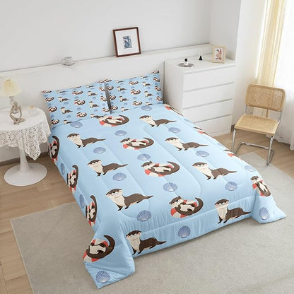 Cute Otter Kids Comforter Set Full Size 3 Pcs,Cartoon Blue Shell Summer Ocean Theme Bedding Set for Boys Girls Teens,Lovely Wild Animals Hippie Comforter Duvet Set with 2 Pillowcases