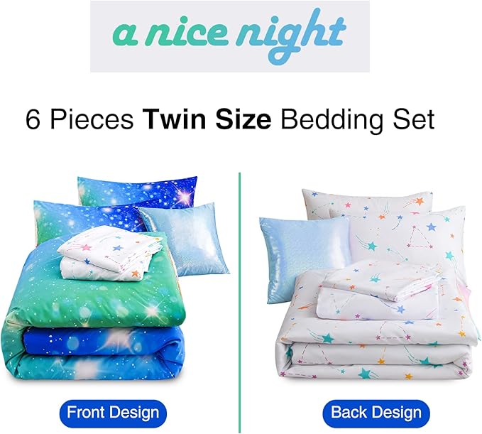 A Nice Night 6Pcs Gradient Glitter Bedding Set for Girls, Colorful Rainbow Galaxy Comforter Set, Ultra Soft Bedding Sets (Blue-Green,Twin 6Pcs)
