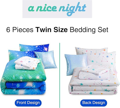 A Nice Night 6Pcs Gradient Glitter Bedding Set for Girls, Colorful Rainbow Galaxy Comforter Set, Ultra Soft Bedding Sets (Blue-Green,Twin 6Pcs)