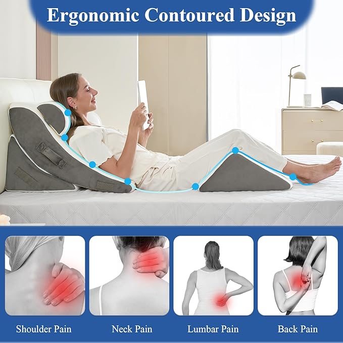 4PCS Orthopedic Bed Wedge Pillow Set, Post Surgery 45D Memory Foam for Back, Neck, and Leg Pain Relief Pleasing & Adjustable Support Pillows-Ease Acid Reflux & GRED with Better Sleep, White Dark Grey