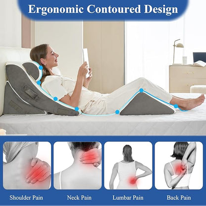 4PCS Orthopedic Bed Wedge Pillow Set, Post Surgery 45D Memory Foam for Back, Neck, and Leg Pain Relief Pleasing & Adjustable Support Pillows-Ease Acid Reflux & GRED with Better Sleep, White Dark Grey