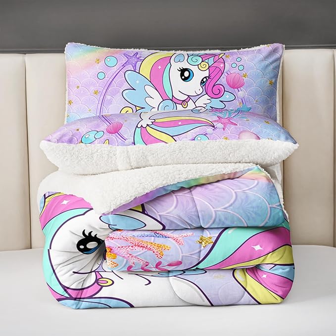 QOOMO Unicorn Sherpa Comforter Set for Girls, Marine Life Soft All Season Down Alternative Bedding Sets, Ultra-Soft Sherpa Full/Queen Comforter Set 3 Piece (1 Comforter and 2 Pillow Shams)