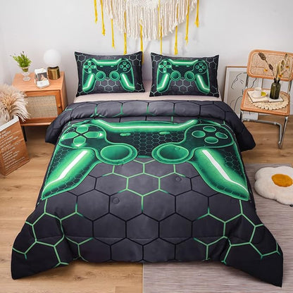 NTBED Game Console Comforter Set for Boys Girls Kids 3D Gaming Geometric Lightweight Microfiber Gamer Bedding Sets (Green, Twin 5Pcs)