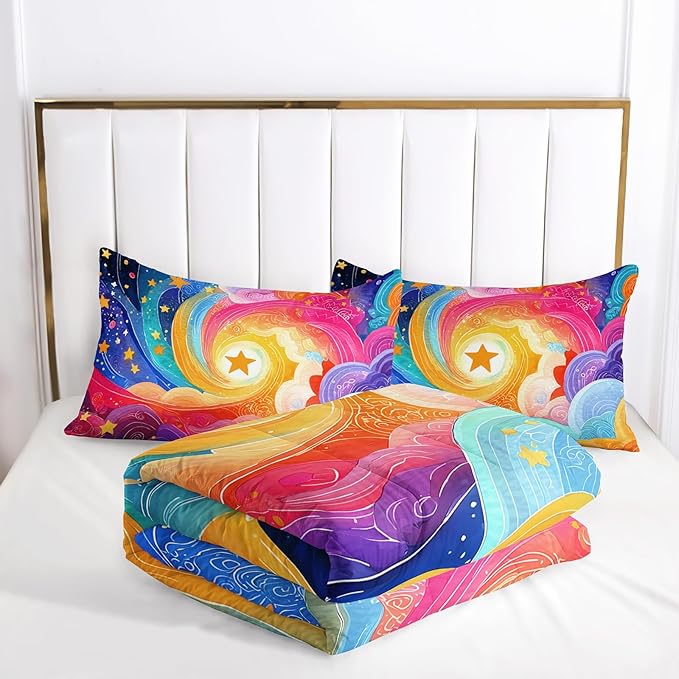 Rainbow Clouds Queen Comforter Set for Girls，Star Bedding Queen Rainbow Kids