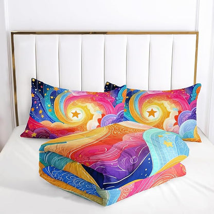 Rainbow Clouds Queen Comforter Set for Girls，Star Bedding Queen Rainbow Kids