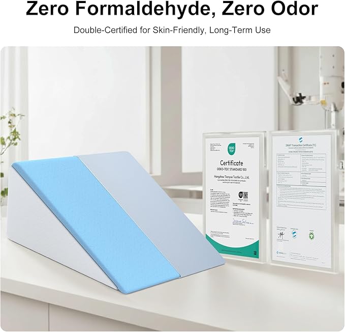 [2025 New 12" Memory Foam Wedge Pillow for Sleep Apnea, Sleeping, Acid Reflux Relief, Snoring, Dual Sided Cooling & Warm Fabric Triangle Pillow Wedge for After Surgery, Back, Leg - Blue