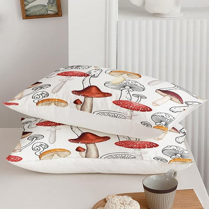 Mushroom Bedding Set for Girls Boys Queen Size, Botancial Fungus Comforter, Cute Mushroom Plants Quilt with 2 Pillowcases for Room Decor