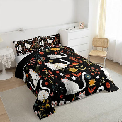 jejeloiu Cute Cat Bedding Set Soft for Boys Girls, Floral Flower Comforter Set Twin Size Nature Plants Duvet Quilt Microfiber Black Colorful Bedroom Decor 2 Pcs with 1 Pillow Cases