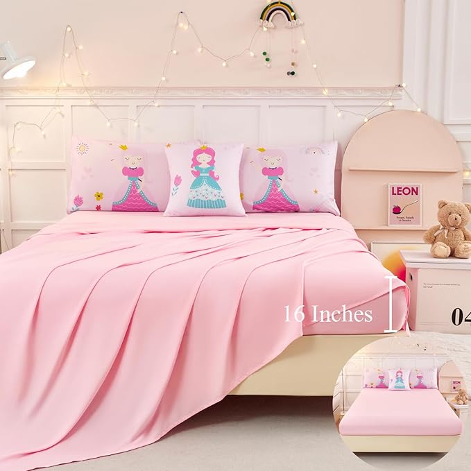 ANGIYUIN Pink Princess Queen Bedding Set Cartoon Rainbow Kids Bed Set Cute Fairy Tales Castle Bedding Set for Girls(1 Comforter, 1 Flat Sheet, 1 Fitted Sheet, 2 Pillowcases,1 Square Pillowcases)