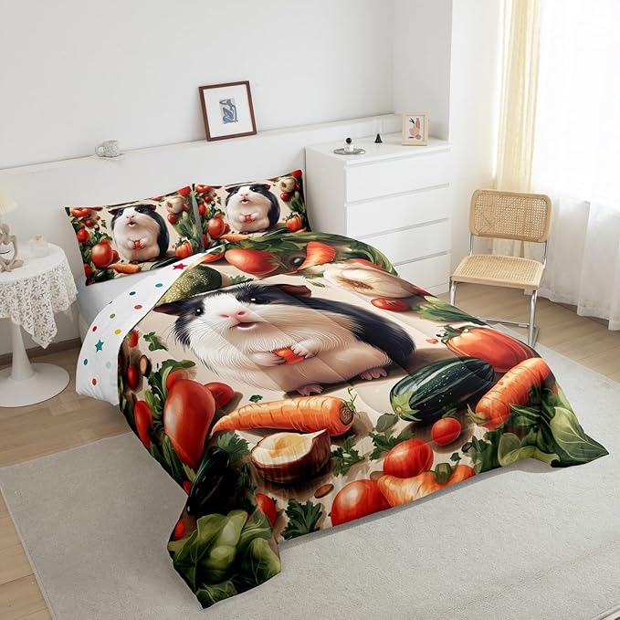 Cute Guinea Pig Comforter Set Full Size 3D Fresh Vegetables Bedding Set Bedroom Decor Lovely Wild Animal Quilt Set for Kids Boys Girls Carrot Fruit Duvet Insert 3Pcs