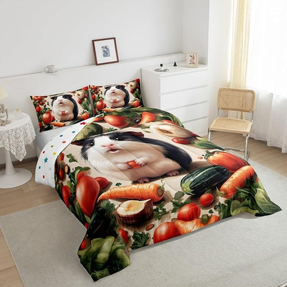 Cute Guinea Pig Comforter Set Queen Size 3D Fresh Vegetables Bedding Set Bedroom Decor Lovely Wild Animal Quilt Set for Kids Boys Girls Carrot Fruit Duvet Insert 3Pcs