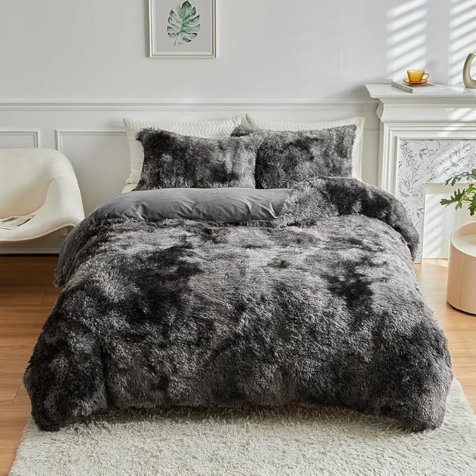 Wajade Faux Fur Plush Tie Dye Dark Grey White Comforter Set Fluffy Fuzzy Shaggy Bedding Set - 3PC King Size Microfiber Soft Warm Quilt Set